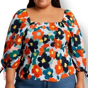 Cristina Martinez x Nordstrom Floral Puff Sleeve Smocked Top Plus Size 2X